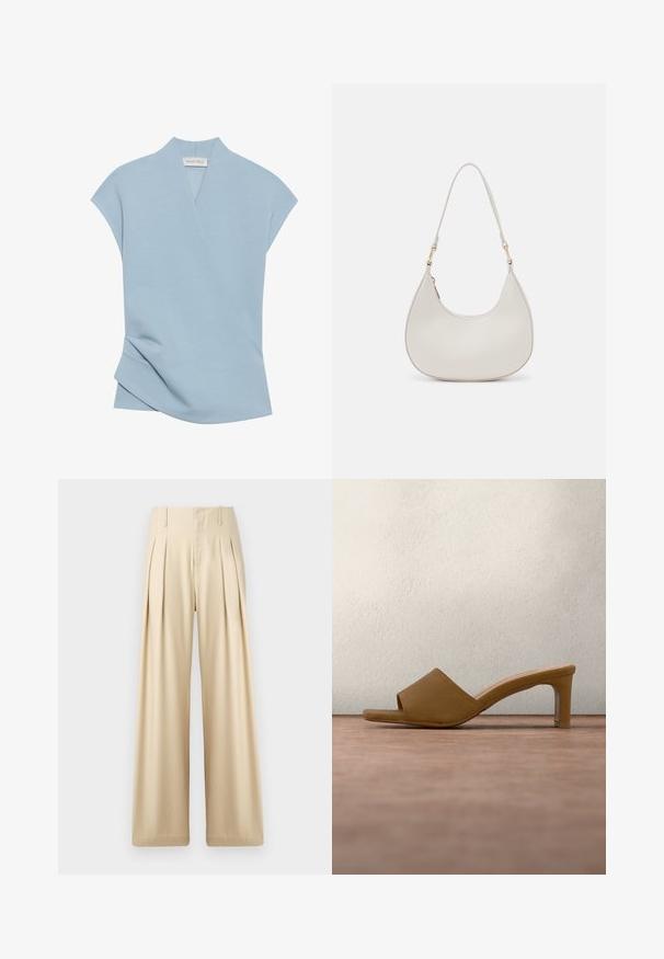 Camiseta de manga corta en azul claro con un diseño cruzado, textura suave y detalles de costura sutiles. Confeccionada en una mezcla de tejidos cómoda.; Pantalones de pierna ancha de color beige, confeccionados con una tela suave. Cuentan con pliegues marcados, una cintura alta y detalles de costura sutiles para un aspecto a medida.; Tacón mule color cuero con textura lisa y mate, diseño de punta abierta y una correa curva sobre el pie. El tacón es angular y de altura media.; Bolso de hombro de cuero crema con forma de media luna, correa delgada y sutil detalle de costuras. Diseño minimalista con acentos de hardware en tono dorado.
