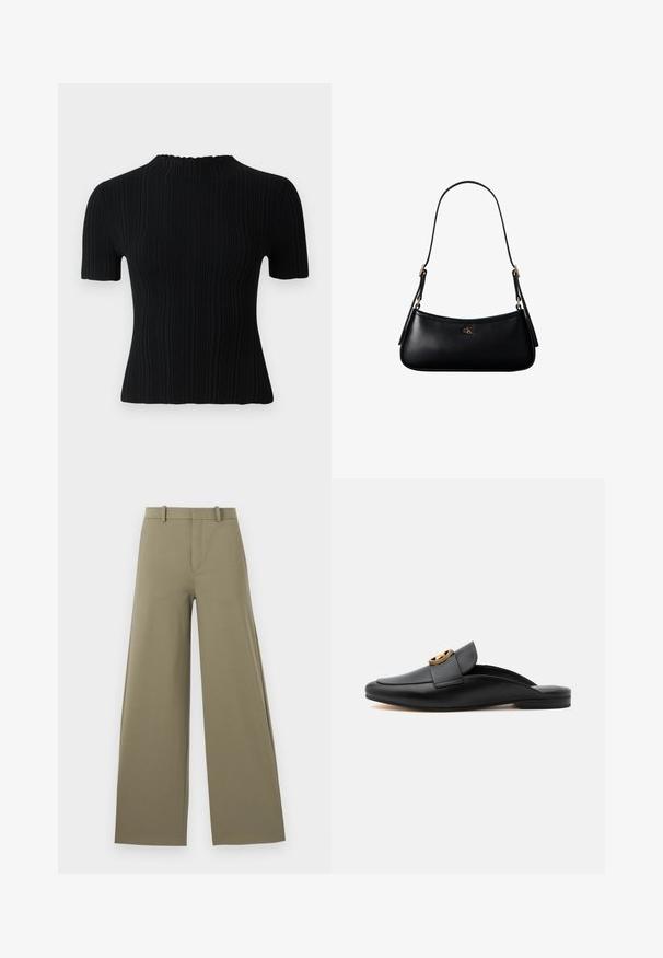 Top corto de manga corta negro con cuello alto. Presenta una tela texturizada y una silueta ajustada, ofreciendo opciones de estilo casual y versátil.; Pantalones de pierna ancha en oliva claro con una textura suave, con cremallera frontal, cinturilla con trabillas y dos bolsillos laterales.; Mocasín slip-on de piel negra con tacón plano y detalle de hebilla circular dorada en la correa superior, mostrado de perfil sobre fondo blanco.; Mini bolso negro de cuero para hombro con correa delgada y pequeño logo dorado CK en el centro frontal.