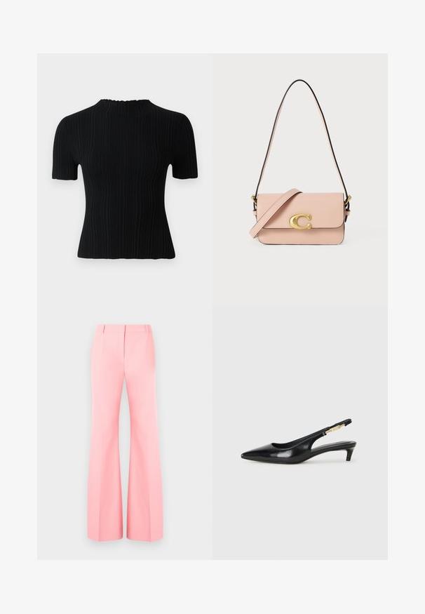 Top corto de manga corta negro con cuello alto. Presenta una tela texturizada y una silueta ajustada, ofreciendo opciones de estilo casual y versátil.; Pantalones de pierna ancha en rosa con un diseño a medida, que cuentan con una parte delantera plana y pliegues bien marcados. Tejido suave y cintura alta.; Tacones negros de piel sintética tipo slingback con punta afilada, que cuentan con un tacón delgado y un detalle en tono dorado en la correa ajustable. Textura suave.; Bolso cruzado de cuero rosa con un cierre de tono dorado, correa negra para el hombro y cierre de solapa. Textura suave y líneas limpias.