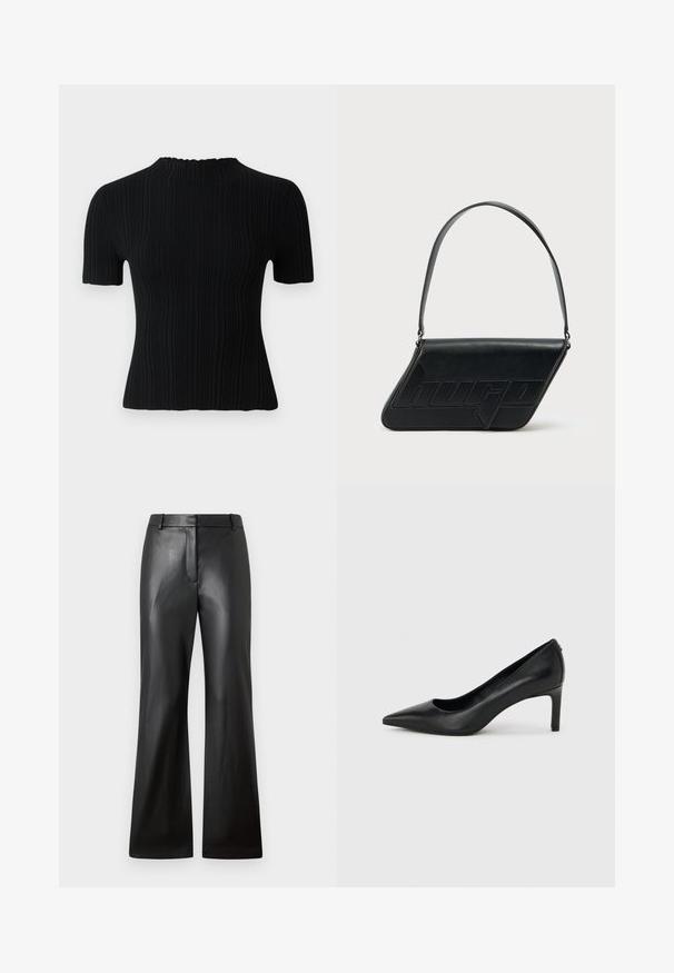 Top corto de manga corta negro con cuello alto. Presenta una tela texturizada y una silueta ajustada, ofreciendo opciones de estilo casual y versátil.; Pantalones de cuero negro con una textura suave, diseño de pierna ancha y una cinturilla de altura media que presenta trabillas para cinturón y bolsillos frontales.; Zapato de salón negro de piel con punta afilada y tacón delgado de altura media sobre un fondo liso de color gris claro.; Bolso de hombro de cuero negro con forma triangular, logo en relieve y una sola correa ajustable. Diseño minimalista con textura suave.