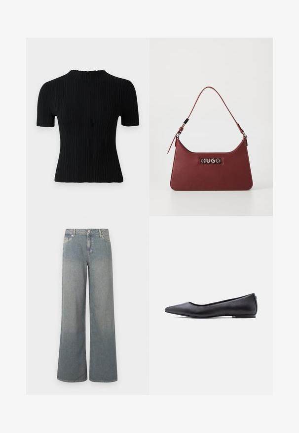 Top corto de manga corta negro con cuello alto. Presenta una tela texturizada y una silueta ajustada, ofreciendo opciones de estilo casual y versátil.; Vaqueros de lavado claro y pierna ancha hechos de mezclilla, con un diseño clásico de cinco bolsillos, cierre de cremallera y botón, y detalles de dobladillo desflecado.; Zapato plano de cuero negro con punta puntiaguda y tacón bajo, mostrado de perfil contra un fondo blanco.; Pequeño bolso rectangular de cuero burdeos con correa ajustable y placa de logotipo plateada "HUGO" en la parte frontal.