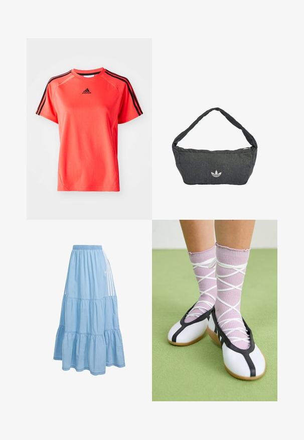 Korte mouwen, fel koraalkleurig sport T-shirt gemaakt van lichtgewicht stof. Heeft een zwart Adidas-logo en drie zwarte strepen op elke schouder.; Lichtblauwe gelaagde maxirok met elastische tailleband en witte drie-strepen detail aan de zijkant, met een klein logo nabij de strepen.; Benen met geribbelde lavendelkleurige sokken met witte kruisbanden, gecombineerd met witte ballerina's met zwarte bies op een groene vloer.; Donkere grijze schoudertas van getextureerde stof, met een ritssluiting en een geborduurd logo aan de voorkant. Lange, gebogen schouderriem.