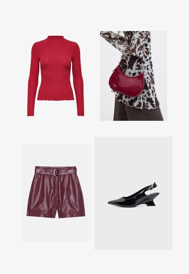 Top de punto acanalado rojo de manga larga con cuello simulado y borde ondulado en las mangas, el cuello y el dobladillo.; Pantalones cortos de imitación cuero burdeos con una cinturilla ancha, un cinturón con una hebilla plateada y pliegues en la parte delantera para una silueta relajada.; Zapato slingback de cuero charol negro con puntera puntiaguda y tacón bajo en bloque inclinado sobre fondo claro liso.; Mujer con blusa de estampado en blanco y negro sosteniendo un bolso de hombro rojo brillante sobre un fondo liso.