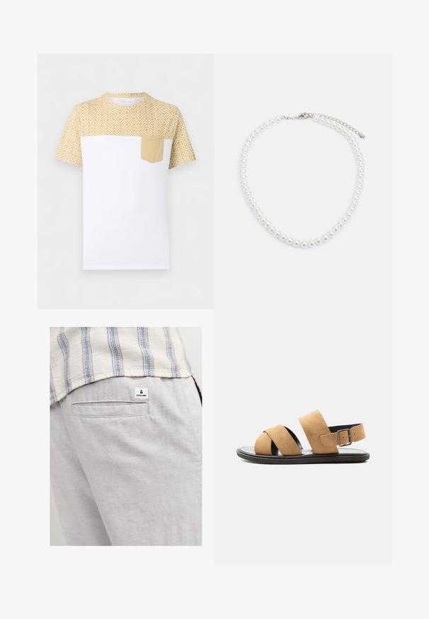 T-shirt blanc à manches courtes avec un motif géométrique jaune sur le haut et les manches, avec une poche poitrine jaune unie sur le côté gauche.; Pantalon en lin gris clair avec une poche arrière et une petite étiquette de marque. Le tissu a une apparence douce et texturée.; Sandale en daim beige pour homme avec deux larges brides, semelle noire et bride de talon réglable avec boucle, présentée sur fond blanc.; Collier en perles blanches avec une forme ronde uniforme, surface lisse et fermoir en métal avec une chaîne d'extension pour une longueur ajustable.