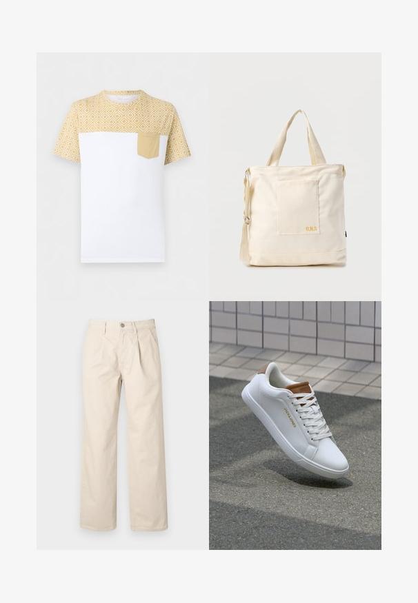 T-shirt blanc à manches courtes avec un motif géométrique jaune sur le haut et les manches, avec une poche poitrine jaune unie sur le côté gauche.; Pantalons larges beiges à taille haute, avec des plis avant, une fermeture à bouton sur le devant et un tissu en coton lisse.; Baskets en cuir blanc avec une texture lisse, accent beige au niveau du talon, logo doré sur le côté et semelle en caoutchouc avec une adhérence texturée.; Sac fourre-tout en toile crème avec poche avant, deux poignées, bandoulière réglable et petit texte jaune "O.N.S" en bas à droite de la poche.