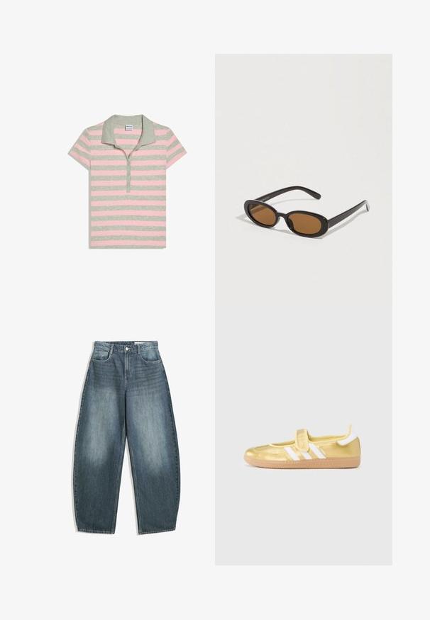 Polo rayé aux couleurs gris et rose pastel, avec un col et une patte de boutonnage à trois boutons. Confectionné dans un tissu doux avec des manches courtes.; Les jeans en denim bleu clair à jambes larges présentent une taille haute, cinq poches, un léger dégradé et des accents de couture le long des coutures.; Baskets dorées avec des bandes blanches et une fermeture Velcro. Fini métallique lisse, bout arrondi et semelle en caoutchouc texturée.; Lunettes de soleil avec des verres ovales marron, monture en plastique noir et branches fines. Texture lisse avec un design minimaliste.