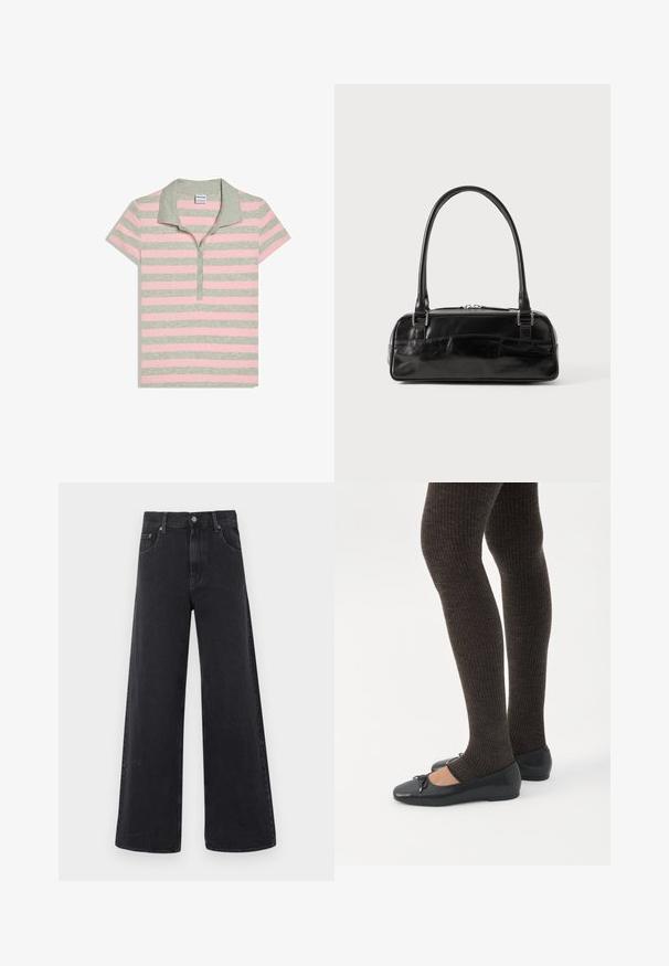 Polo rayé aux couleurs gris et rose pastel, avec un col et une patte de boutonnage à trois boutons. Confectionné dans un tissu doux avec des manches courtes.; Jean en denim noir à taille haute, jambes larges, avec fermeture à boutons et zip à l'avant, passants pour ceinture, et design à cinq poches.; Jambes portant des leggings côtelés foncés associés à des ballerines noires avec de petits détails en nœud sur fond blanc.; Sac à main en cuir noir de forme rectangulaire, doté d'une seule ansse structurée, de quincaillerie argentée et d'une fermeture éclair. Texture lisse.