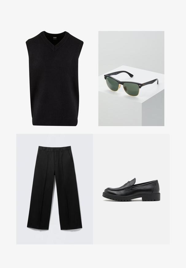 Jersey sin mangas negro con escote en V, hecho de un material suave, que cuenta con un escote y dobladillo de canalé. Diseño simple y clásico.; Pantalones negros de pierna ancha con trabillas para cinturón, bolsillos delanteros y cierre de cremallera, exhibidos sobre un fondo gris claro.; Mocasines de cuero negro con punta redondeada, diseño sin cordones y suela de goma gruesa con agarre texturizado. Tacón elevado y detalles de costura sutiles.; Gafas de sol Ray-Ban con lentes verdes, montura de plástico negro y acentos dorados en los bordes. Forma cuadrada con acabado mate.