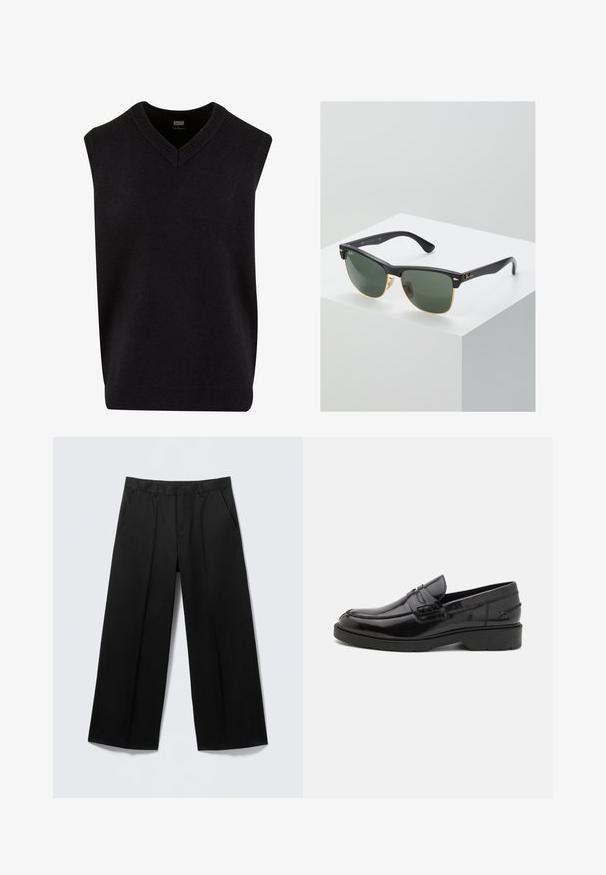 Jersey sin mangas negro con escote en V, hecho de un material suave, que cuenta con un escote y dobladillo de canalé. Diseño simple y clásico.; Pantalones negros de pierna ancha con trabillas para cinturón, bolsillos delanteros y cierre de cremallera, exhibidos sobre un fondo gris claro.; Mocasines de cuero negro con un acabado suave, punta redondeada, tacón bajo y costura decorativa en la parte delantera. Suela de goma para mayor agarre.; Gafas de sol Ray-Ban con lentes verdes, montura de plástico negro y acentos dorados en los bordes. Forma cuadrada con acabado mate.