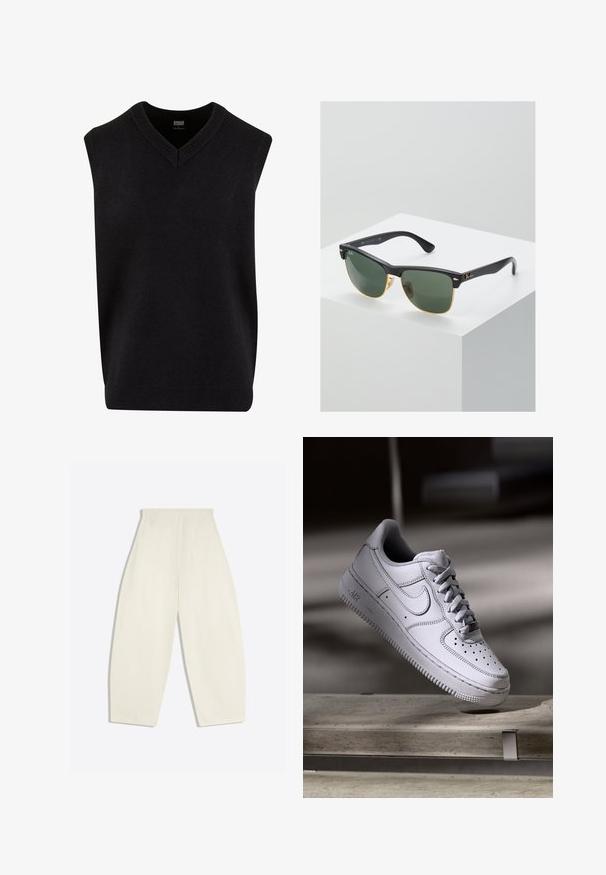 Zwart mouwloos trui met een V-hals, gemaakt van zacht materiaal, met een geribbelde halslijn en onderrand. Eenvoudig, klassiek ontwerp.; Crèmekleurige broek met hoge taille en wijde pijpen, met achterzakken en ceintuurlussen, plat gelegd op een lichte achtergrond.; Witte Nike Air Force 1 sneaker van leer met geperforeerde neus, platte veters en een gestructureerde rubberen zool met "AIR"-logo aan de zijkant.; Ray-Ban zonnebrillen met groene lenzen, zwarte plastic monturen en gouden accenten aan de randen. Vierkante vorm met een matte afwerking.