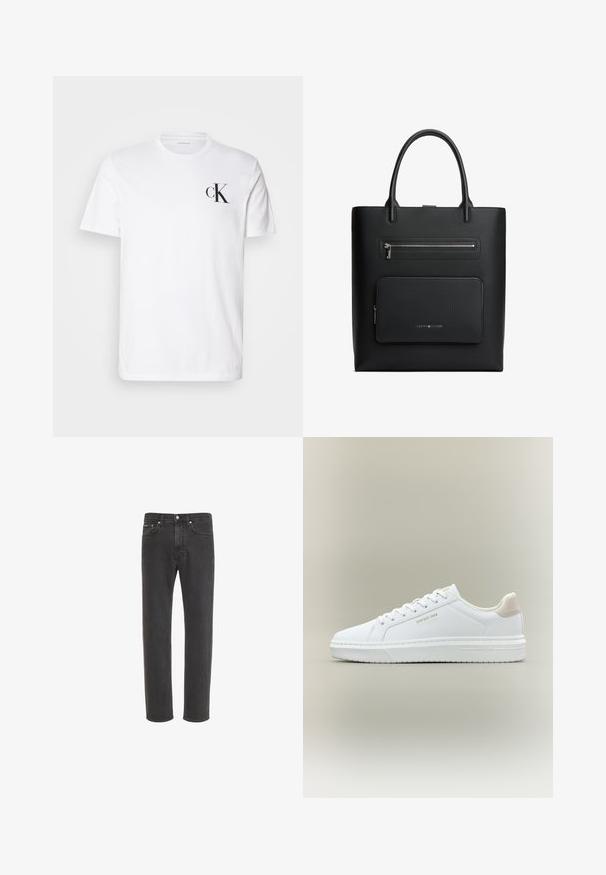 Weißes Baumwoll-T-Shirt mit kurzen Ärmeln, Rundhalsausschnitt und einem schwarzen "ck"-Logo auf der linken Brust. Einfaches, klassisches Design.; Schwarze Straight-Leg-Jeans aus Denim mit Knopf- und Reißverschluss vorne, Vorder- und Gesäßtaschen, auf weißem Hintergrund dargestellt.; Weißer Sneaker mit niedrigem Schaft und Schnürsenkeln, beiger Fersenlasche und goldener Aufschrift "GAP EST. 1969" an der Seite und Sohle, vor neutralem Hintergrund.; Schwarze rechteckige Tragetasche mit zwei Griffen, mit einer oberen Reißverschlusstasche und einer vorderen Reißverschlusstasche mit dezentem Markenlogo.