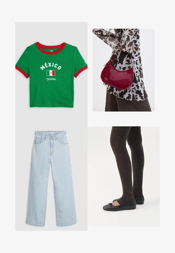 Πράσινο crop top t-shirt με κόκκινο περίγραμμα, λευκό κείμενο «México», γραφικό με την σημαία του Μεξικού και σήμανση Levi's στο μπροστινό μέρος.; Ανοιχτό μπλε τζιν παντελόνι με φαρδιά μπάτσα και ψηλή μέση, με κούμπωμα κουμπιού και φερμουάρ, διπλές μπροστινές τσέπες και διακριτικές ραφές.; Πόδια με σκουρόχρωμα ριμπ κολάν συνδυασμένα με μαύρα μπαλαρίνα παπούτσια με μικρές λεπτομέρειες φιόγκων σε λευκό φόντο.; Γυναίκα που φοράει μια μπλούζα με μαύρο-άσπρο μοτίβο κρατάει μια γυαλιστερή κόκκινη τσάντα ώμου σε απλό φόντο.