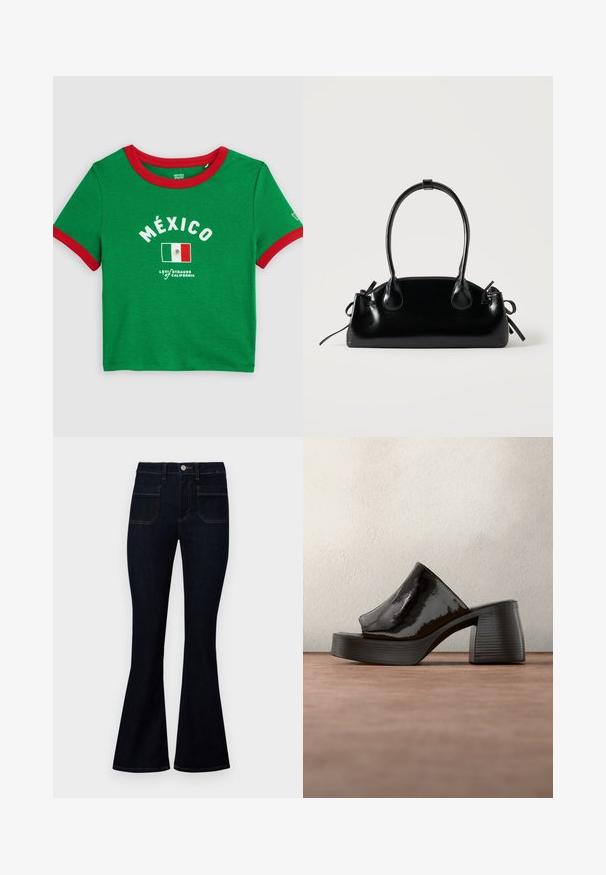 Πράσινο crop top t-shirt με κόκκινο περίγραμμα, λευκό κείμενο «México», γραφικό με την σημαία του Μεξικού και σήμανση Levi's στο μπροστινό μέρος.; Σκούρο μπλε τζιν παντελόνι με φαρδιά καμπάνα και ψηλή μέση, φτιαγμένο από τζιν, με δύο πίσω τσέπες και ραφές αντίθετου χρώματος κατά μήκος των ραφών.; Μαύρο γυαλιστερό δερμάτινο mule με τακούνι, ανοιχτή μύτη και χοντρό, τετράγωνο τακούνι, τοποθετημένο όρθιο σε γκρι πάτωμα με θολό φόντο.; Μικρή μαύρη γυαλιστερή τσάντα με δύο μακριές λαβές και λεπτομέρειες με ρυθμιζόμενο κορδόνι στο πλάι σε απλό ανοιχτό φόντο.