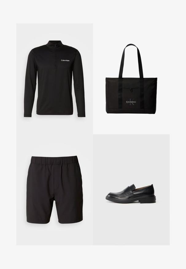 Sort langærmet pullover med høj krave, halv-zip lukning og struktureret stof. Har et lille hvidt logo på venstre bryst.; Sorte shorts lavet af strækbart stof, med en elastisk talje, sidelommer og et simpelt, rent design. Ingen mønstre eller detaljer.; Sorte læder slip-on dress sko med lav hæl og subtil Calvin Klein logo på siden, vist i profil på en hvid baggrund.; Sort Calvin Klein tote taske med to lange håndtag og lomme foran, med mærkets logo i hvid og grå.