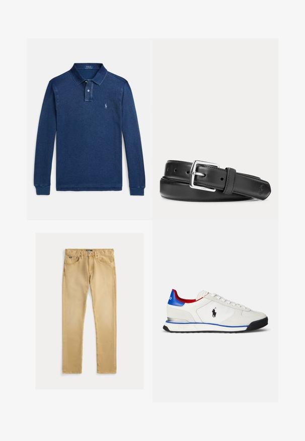 Tumesinine pikka varrukaga polo-särk puuvillasegust, millel on klassikaline krae, kahe-klõpsuga plokk ja väike tikitud logo rinnal.; Beige puuvillased teksad, millel on kitsas lõige, viie tasku disain ja nähtav õmblus. Omab metallist nöpp ja silt vööl.; Valge tennisejalanõu, mille ülemine osa on sileda nahast ja tekstiilist ning millel on sinised ja punased aktsendid, must tall ja väike logo küljel.; Mustast nahast vöö hõbedase ristkülikukujulise pandlaga, valgel taustal rullis, otsas peen reljeefne logo.