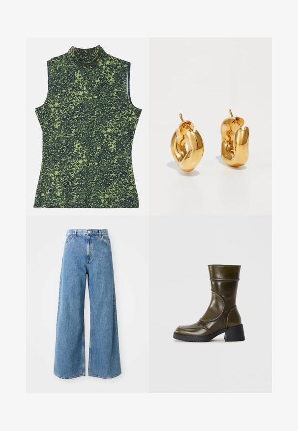 Ærmeløs turtle neck top i grøn og mørkeblå mønster, med et struktureret, organisk design. Blødt stof med en afslappet pasform.; Højtaljede lyseblå brede denim jeans med frontknap, lynlås og forlommer på en hvid baggrund.; Olivengrøn læder ankelstøvle med rund tå, elastisk panel og en chunky sort hæl. Glat overflade og subtilt syede detaljer.; Chunky guld hoop øreringe med et let snoet, rørformet design og postsystem bagpå, på en hvid baggrund.