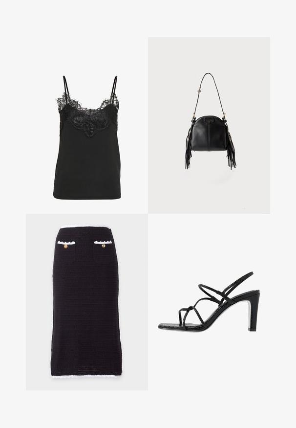 Camisole noire à fines bretelles avec des détails en dentelle décorative le long du décolleté et de la partie supérieure de la poitrine.; Jupe crayon en maille noire avec bordure blanche à la taille et à l'ourlet, comportant deux poches avant, chacune avec un bouton doré.; Sandales noires à talons avec des fines lanières, une finition texturée, bout ouvert et un design de talon pointu et élégant. Équipées d'une semelle intérieure lisse et d'une surface brillante.; Sac à main en cuir noir avec une forme courbée, une longue bandoulière réglable et des franges de chaque côté sur un fond clair.
