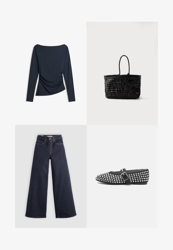 Marineblå langærmet top med bådudskæring og drapering på siden, lagt fladt på en hvid baggrund.; Bredde ben denim jeans i mørkeblå med kontrastsyninger. Har det traditionelle fem-lomme design og en knaplukning ved taljen.; Sort flad sko med rund tå, nitterdesignet med metalliske accenter og en spænde-rem over vristen.; Sort vævet lædertaske med to afrundede håndtag, stående oprejst på en ensfarvet hvid baggrund.