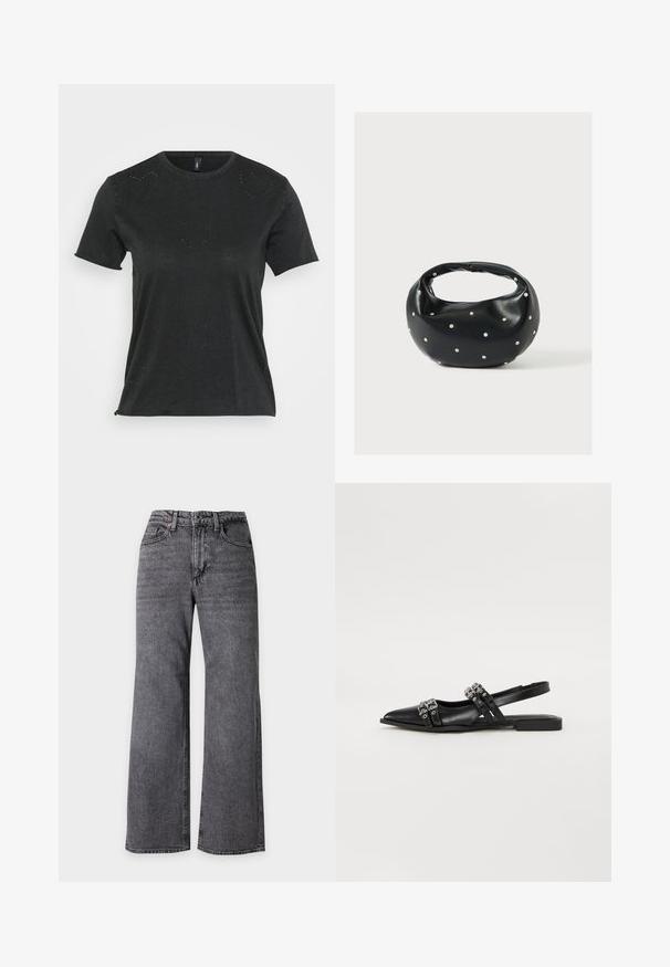 Camiseta negra de manga corta con cuello redondo, que presenta sutiles adornos de rhinestones en forma de corazón en la parte delantera. Tejido suave y casual.; Vaqueros negros de talle alto, lavado y de pierna ancha, con botón frontal y bolsillos, mostrados completamente extendidos.; Even&Odd by Zalando Bailarinas con tira trasera - black; Bolso de mano de cuero negro con forma redondeada, decorado con detalles de tachuelas plateadas y un asa corta. Textura lisa y cierre con cremallera.