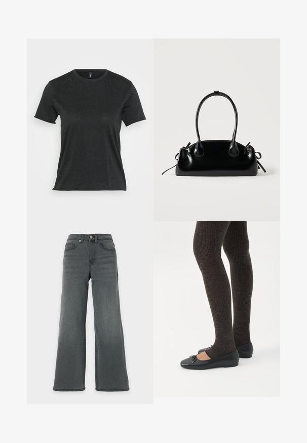 Camiseta negra de manga corta con cuello redondo, que presenta sutiles adornos de rhinestones en forma de corazón en la parte delantera. Tejido suave y casual.; Vaqueros de denim gris oscuro de cintura alta, pierna ancha, con bolsillos delanteros y cierre de botón sobre un fondo neutro.; Piernas con leggings oscuros acanalados combinados con bailarinas negras que presentan pequeños detalles de lazo sobre un fondo blanco.; Pequeño bolso negro brillante con dos asas largas y detalles de cordón lateral sobre un fondo claro liso.