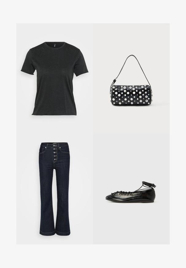 Sort kortærmet T-shirt med rund halsudskæring, der har diskrete hjerteformede rhinstenapplikationer på forsiden. Blødt, afslappet stof.; Mørkeblå højtaljede flare jeans med fem sølvknapper foran og kontrastbroderi rundt om lommer og sømme.; Sorte balletflade sko i laklæder med rundet tå, snørelukning og flad sål. Glat tekstur med få detaljer.; Sort læderhåndtaske med rund form, dekoreret med sølvnitter. Har en aftagelig rem og lynlås. Glat tekstur.