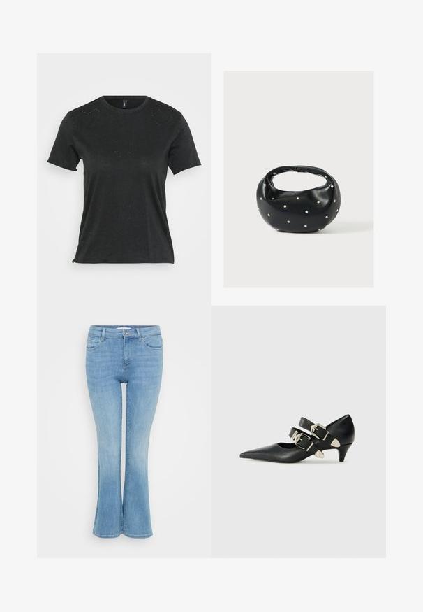 Camiseta negra de manga corta con cuello redondo, que presenta sutiles adornos de rhinestones en forma de corazón en la parte delantera. Tejido suave y casual.; ONLY Petite ONLANN MID - Vaqueros a campana - light blue denim; Replay CECILE DOUBLE - Tacones - black; Bolso de mano de cuero negro con forma redondeada, decorado con detalles de tachuelas plateadas y un asa corta. Textura lisa y cierre con cremallera.