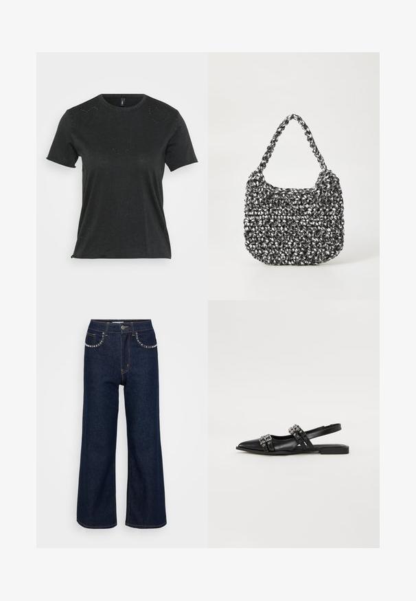Camiseta negra de manga corta con cuello redondo, que presenta sutiles adornos de rhinestones en forma de corazón en la parte delantera. Tejido suave y casual.; Vaqueros de pierna ancha de color azul oscuro, confeccionados en denim, con una cintura alta, dos bolsillos frontales con costuras decorativas y un cierre de un solo botón.; Even&Odd by Zalando Bailarinas con tira trasera - black; Bolso de mano tejido en blanco y negro con forma redondeada, superficie texturizada y asa trenzada. Adecuado para uso casual.