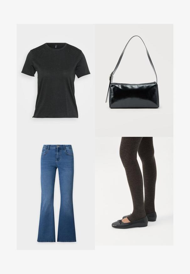 Camiseta negra de manga corta con cuello redondo, que presenta sutiles adornos de rhinestones en forma de corazón en la parte delantera. Tejido suave y casual.; Vaqueros de mezclilla azul con diseño de pierna acampanada, cierre frontal con botón y cremallera, y bolsillos delanteros visibles sobre un fondo liso.; Piernas con leggings oscuros acanalados combinados con bailarinas negras que presentan pequeños detalles de lazo sobre un fondo blanco.; Bolso de hombro rectangular negro con una correa ajustable y un cierre de cremallera superior sobre un fondo liso.