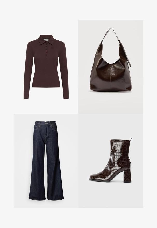 Polo à manches longues marron foncé avec texture côtelée, cinq boutons et petit logo brodé sur le côté gauche de la poitrine.; Jean à jambes larges en denim foncé, présentant une taille haute, cinq poches, des coutures blanches contrastantes et une texture lisse.; Bottine en cuir verni marron foncé, avec texture crocodile, talon carré et tirant à l'arrière sur fond blanc.; Sac à bandoulière en cuir marron foncé brillant avec une seule large sangle et un détail de boucle sur un côté, posé sur un fond clair uni.