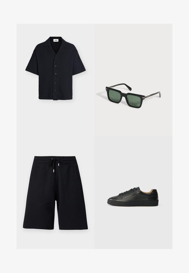 Chemise noire à manches courtes boutonnée avec col cranté, tissu texturé et coupe décontractée.; Shorts noirs mi-genoux avec taille élastique et cordon de serrage, dotés de poches latérales et d'une coupe décontractée.; Baskets basses en cuir noir avec surface texturée, lacets noirs et semelle en caoutchouc épaisse, présentées de côté sur un fond clair.; Lunettes de soleil noires à monture rectangulaire avec verres teintés verts et détails de charnière argentés sur fond blanc.