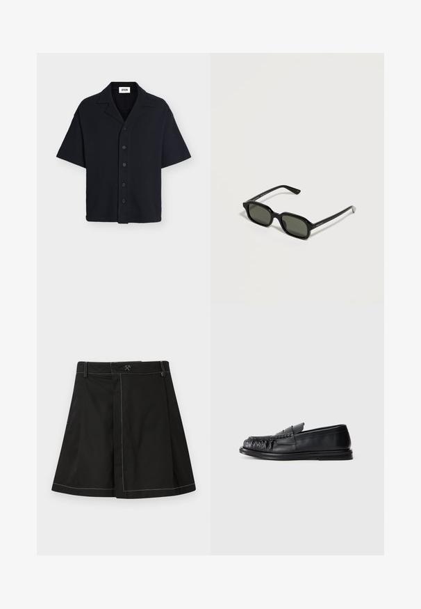 Chemise noire à manches courtes boutonnée avec col cranté, tissu texturé et coupe décontractée.; Jupe noire évasée avec coutures contrastantes blanches, passants de ceinture et un petit logo marteau croisé au centre avant de la taille.; Mocassin en cuir noir avec un bout arrondi et froncé, et une semelle plate sur un fond blanc uni.; Lunettes de soleil rectangulaires noires avec des verres foncés et des branches fines, présentées sur un fond clair et neutre.