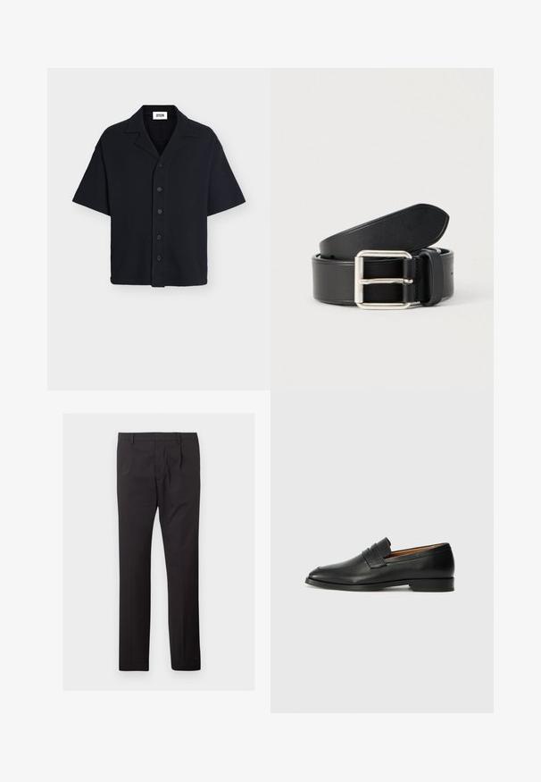 Chemise noire à manches courtes boutonnée avec col cranté, tissu texturé et coupe décontractée.; Pantalon habillé noir pour homme, coupe droite, avec passants pour ceinture et poches avant, présenté à plat sur fond blanc.; Mocassin en cuir noir avec un bout arrondi, des coutures subtiles et un talon bas, présentant une texture lisse et un design minimaliste.; Ceinture en cuir noir à texture lisse, boucle en métal argenté, et design épuré et simple. Comprend des trous pour un ajustement réglable.