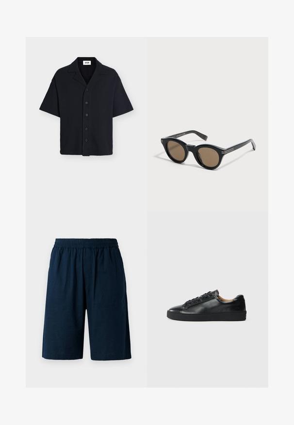 Chemise noire à manches courtes boutonnée avec col cranté, tissu texturé et coupe décontractée.; Shorts bleu marine en tissu léger, dotés d'une taille élastique et d'une coupe décontractée, avec deux poches latérales.; Baskets en cuir noir avec une texture lisse, bout rond et fermeture à lacets. Comprend une semelle en caoutchouc épaisse et un minimum de détails de marque.; Lunettes de soleil rondes noires avec des montures épaisses et des verres marron, posées sur une surface blanche légèrement inclinée vers la droite.