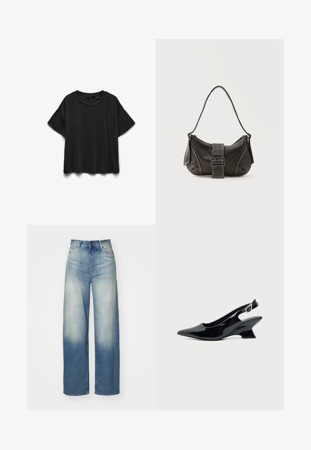 Camiseta negra de algodón de manga corta con cuello redondo, mostrada extendida sobre fondo blanco.; Jeans de pierna ancha azul claro con una cintura alta, fabricados en denim, con un degradado desvanecido, cinco bolsillos y detalles de metal.; Zapato slingback de cuero charol negro con puntera puntiaguda y tacón bajo en bloque inclinado sobre fondo claro liso.; Bolso de hombro de cuero negro con detalle de correa con hebilla, bordes curvos y costuras blancas en contraste sobre un fondo liso.
