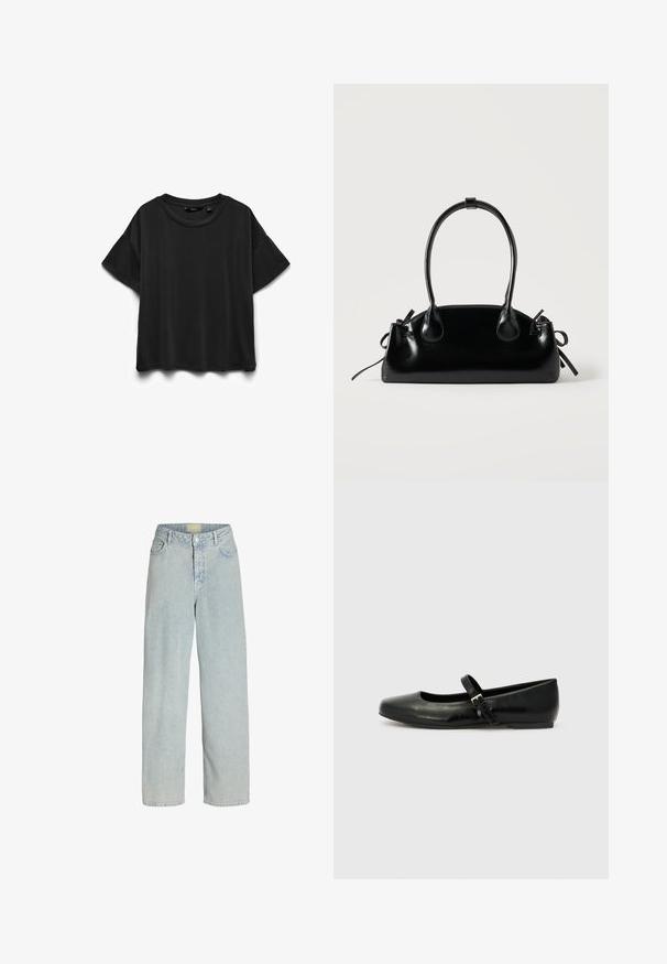 Camiseta negra de algodón de manga corta con cuello redondo, mostrada extendida sobre fondo blanco.; Jeans de denim azul claro de pierna ancha con cintura alta, bolsillos frontales y cierre de botón. La tela tiene una apariencia suave y ligeramente texturada.; Bailarinas de cuero negro con punta redondeada, suela plana y una delgada correa ajustable en el empeine que cuenta con una hebilla de metal.; Pequeño bolso negro brillante con dos asas largas y detalles de cordón lateral sobre un fondo claro liso.