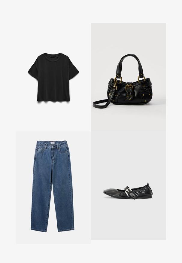 Sort kortærmet bomuld T-shirt med rund halsudskæring, vist fladt på hvid baggrund.; Klassiske blå denimbukser med lige ben, fem lommer og knaplukning. Har en medium vask og en robust tekstur.; Sorte læder flade sko med spids tå, samling detaljer omkring åbningen, og en sølv spænde accent på den justerbare rem.; Sort læderhåndtaske med guldbælge og nitdetaljer, korte håndtag og en justerbar skulderrem på en ensfarvet hvid baggrund.