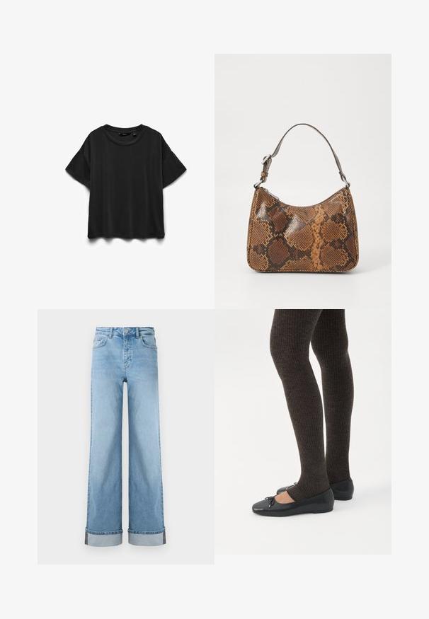 Sort kortærmet bomuld T-shirt med rund halsudskæring, vist fladt på hvid baggrund.; Lyseblå, vide jeans i klassisk denim med høj talje, prydet med opbrettede kanter og synlig søm.; Ben iført mørke ribbede leggings kombineret med sorte balletsko med små sløjfedetaljer på hvid baggrund.; Lille håndtaske med brun og sort slangeskinn mønster, kort justerbar rem og lynlåslukning.
