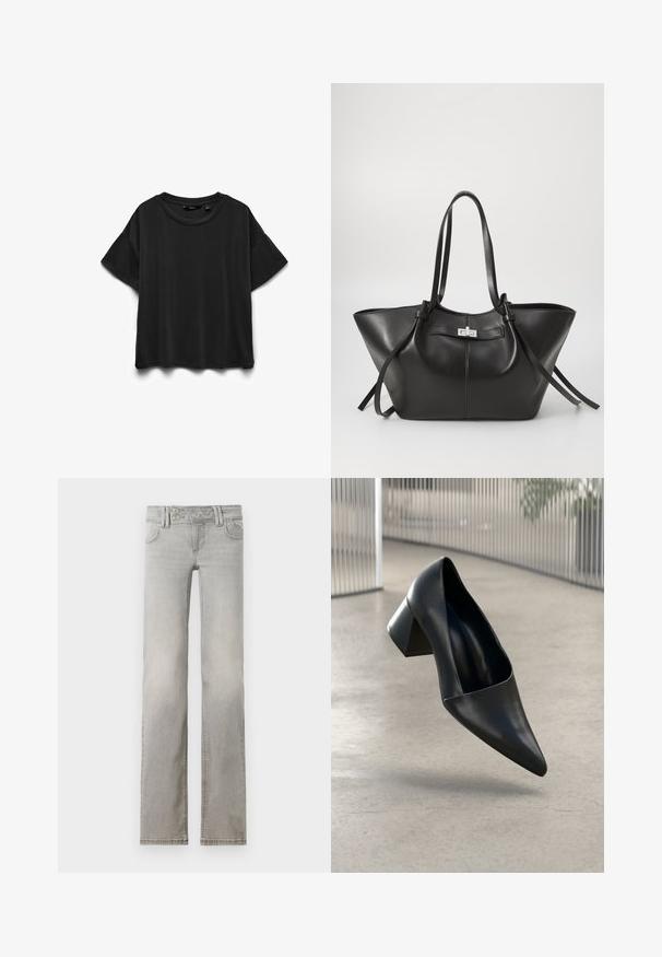 Sort kortærmet bomuld T-shirt med rund halsudskæring, vist fladt på hvid baggrund.; Lys grå jeans med lige ben-design, lavet af denim. Har to forlommer, en talje med to knapper og synlige syninger.; Sort læderhælesko med spids tå og en kraftig hæl. Har et slankt design og mat tekstur, hævet over en glat overflade.; Sort læder tote taske med en bred, trekantet form. Har en slank metallisk lås, lange håndtag og glat tekstur.