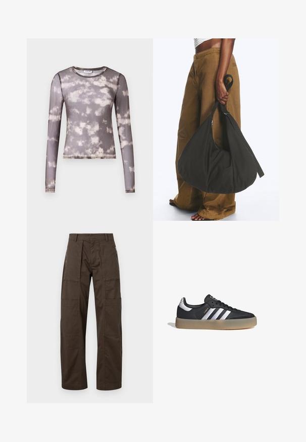 Top ajustado de manga larga en tela gris translúcida con un patrón de tie-dye en crema y gris más oscuro, presentando un escote redondo y sutiles detalles de costura.; Pantalones cargo marrones hechos de una tela resistente, con múltiples bolsillos, un corte relajado y detalles de costura prominentes para mayor durabilidad.; Zapatilla deportiva de cuero negro con tres rayas plateadas, punta texturizada y suela de goma. Cuenta con un collar acolchado y un diseño con cordones.; Persona con pantalones marrones de pata ancha y top blanco sosteniendo un gran bolso negro blando por la correa a su lado.
