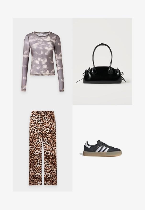 Top ajustado de manga larga en tela gris translúcida con un patrón de tie-dye en crema y gris más oscuro, presentando un escote redondo y sutiles detalles de costura.; Pantalones de leopardo con un corte relajado, con una cinturilla elástica, hechos de un texto suave con una textura lisa.; Zapatilla deportiva de cuero negro con tres rayas plateadas, punta texturizada y suela de goma. Cuenta con un collar acolchado y un diseño con cordones.; Pequeño bolso negro brillante con dos asas largas y detalles de cordón lateral sobre un fondo claro liso.