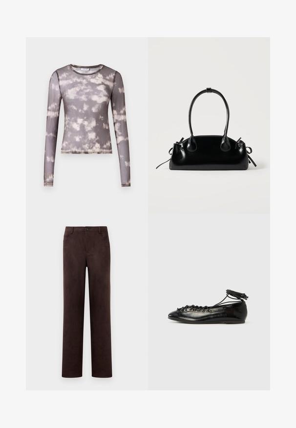 Top ajusté à manches longues en tissu gris transparent avec un motif tie-dye de crème et gris plus foncé, présentant un col rond et des détails de coutures discrètes.; Pantalons en suède marron foncé à jambes droites avec fermeture à bouton et zip à l'avant, passants de ceinture et poches latérales.; Ballerines en cuir verni noir avec un bout rond, un design à lacets et une semelle plate. Texture lisse avec peu de détails.; Petit sac à main noir brillant avec deux longues anses et des détails à cordon sur les côtés sur un fond clair uni.