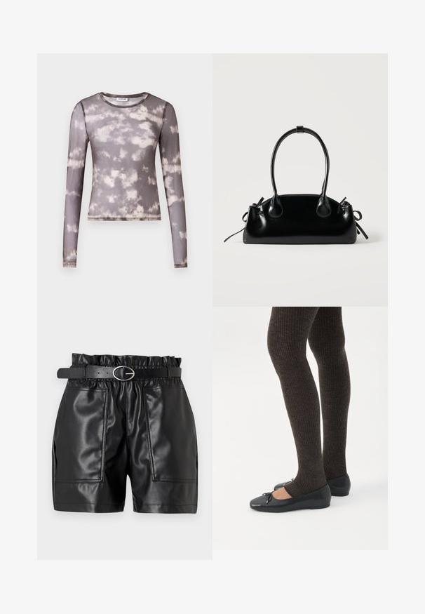 Langärmliges, eng anliegendes Oberteil aus transparentem grauem Stoff mit einem Batikmuster aus Creme- und dunklerem Grau. Es hat einen runden Ausschnitt und dezente Nähdetails.; Schwarze Shorts aus Kunstleder mit elastischem Bund, glatter Textur und zwei vorderen Taschen, ergänzt durch einen schmalen Gürtel mit einer silbernen Schnalle.; Beine in dunklen, gerippten Leggings kombiniert mit schwarzen Ballerinas mit kleinen Schleifendetails auf weißem Hintergrund.; Kleine schwarze glänzende Handtasche mit zwei langen Griffen und seitlichen Kordelzug-Details vor einfachem hellem Hintergrund.