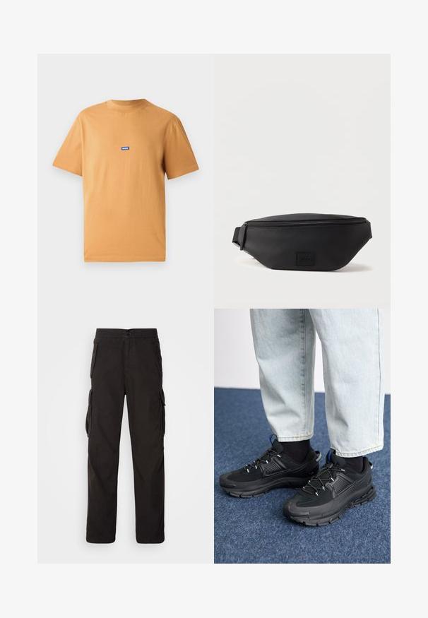Camiseta de algodón naranja con cuello redondo y mangas cortas, que presenta un pequeño parche del logotipo azul "HUGO" en el pecho. Textura suave.; Pantalones cargo negros con corte recto, cinturilla elástica, múltiples bolsillos laterales y una tela texturizada para mayor durabilidad.; Zapatillas deportivas negras con tejido texturizado y suelas de goma, con cordones elásticos y un acento azul en el talón. Combinadas con pantalones de mezclilla claros.; Bolso de cintura de cuero negro texturizado con cremallera superior y parche con el logo "HUGO" en relieve en la parte delantera, correa ajustable a los lados.