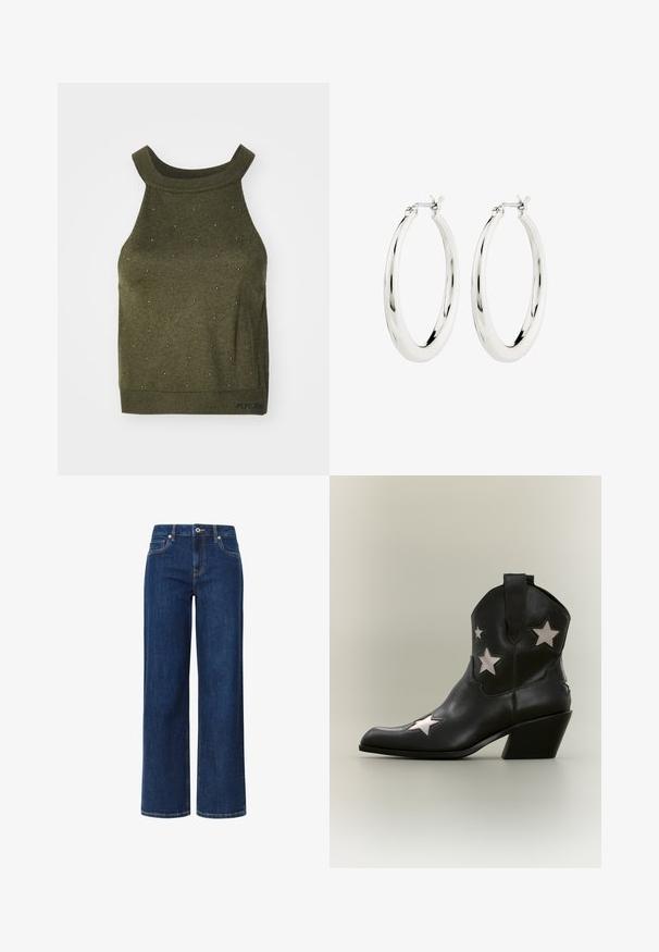 Top de punto verde oliva con cuello alto, que presenta pequeños tachuelas metálicas en un patrón de puntos y detalle de dobladillo con la marca.; Jeans de pierna ancha en denim azul oscuro con una textura suave, que presentan un cierre de botón y cremallera, cinco bolsillos y costuras en contraste.; Bota vaquera de cuero negro hasta el tobillo con un tacón inclinado de altura media y recortes blancos en forma de estrella en los laterales y en la punta.; Pendientes de aro de plata con un acabado suave y brillante. Forma circular, con un cierre seguro. Diseño sencillo y elegante.