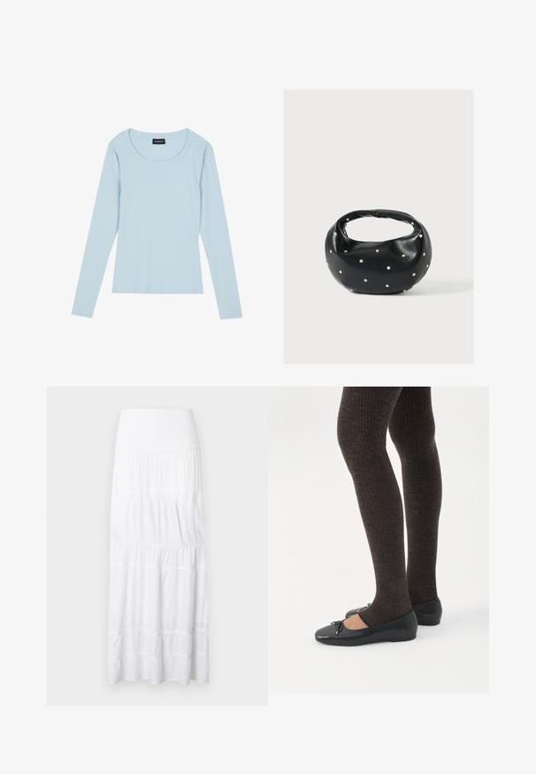 Lichtblauw, lang mouw ribbed top met een ronde halslijn en een aansluitend ontwerp. Zachte textuur met een subtiel patroon dat verticaal loopt.; Witte, gelaagde maxi-rok gemaakt van lichtgewicht stof. Voorzien van een elastische tailleband en een subtiele textuur met horizontale naden.; Benen met donkere geribbelde leggings gecombineerd met zwarte ballerina's met kleine strikdetails op een witte achtergrond.; Zwarte leren handtas met een afgeronde vorm, versierd met zilveren studs, en een korte handgreep. Gladde textuur en ritsluiting.