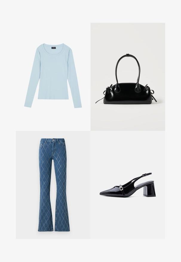 Lichtblauw, lang mouw ribbed top met een ronde halslijn en een aansluitend ontwerp. Zachte textuur met een subtiel patroon dat verticaal loopt.; Flared jeans in donkerblauwe denim met lichte diamanten stikpatronen. Voorzien van steekzakken en een knoopsluiting in de taille.; Zwarte slingback hak van lakleer met een spitse neus, lage blokhiel en twee kleine zilveren gespen op de bandjes.; Kleine zwarte glanzende handtas met twee lange hengsels en zijkant trekkoord details op een effen lichte achtergrond.