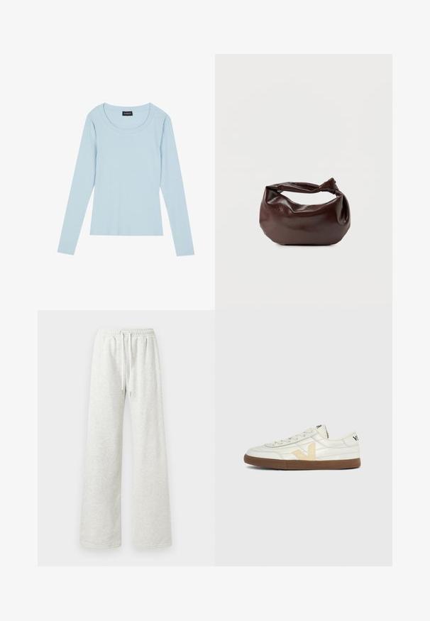 Lyseblå langærmet ribbet top med rund halsudskæring og tætsiddende design. Blød tekstur med et subtilt mønster, der løber lodret.; Lys grå brede sweatpants med elastisk talje og hvide snore, vist på en simpel hvid baggrund.; Kremfarvet low-top sneaker med beige "V"-logo, syningsdetaljer, lysebrun sål og sort tekst på hæl og tungsiden.; Mørkebrun læder skuldertaske med en blød, afslappet form og et snoet knudehåndtag på en ensartet hvid baggrund.