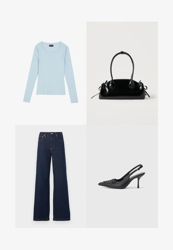 Lyseblå langærmet ribbet top med rund halsudskæring og tætsiddende design. Blød tekstur med et subtilt mønster, der løber lodret.; Mørkeblå højtaljede denimjeans med brede ben, forlommer, bæltestropper samt knap og nitter i kobberfarve.; Sorte læder slingback stiletto med spids tå, side spændebånd, nitter langs kanten og dekorativ snøring foran.; Lille sort blank håndtaske med to lange håndtag og snøre-detaljer i siden på en ensfarvet lys baggrund.