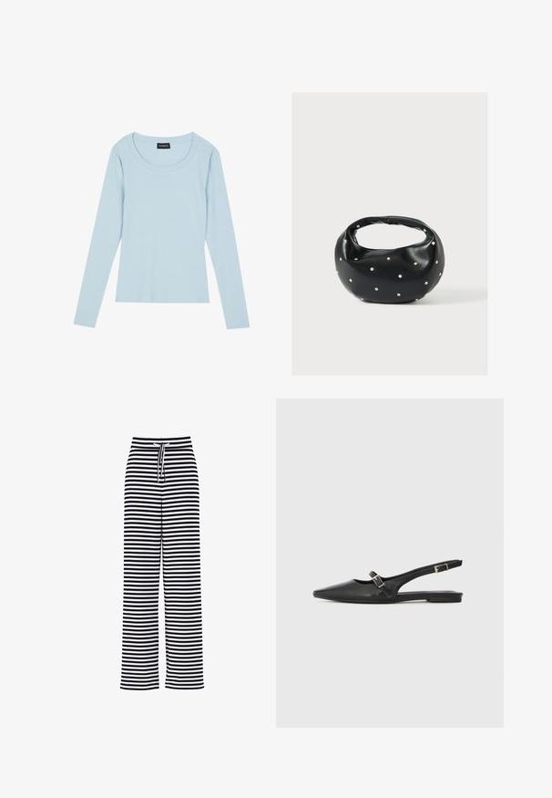 Lyseblå langærmet ribbet top med rund halsudskæring og tætsiddende design. Blød tekstur med et subtilt mønster, der løber lodret.; Sort-hvide brede bukser med vandrette striber og elastisk snøre i taljen.; Sorte læder slingback-sko med spids tå, med en smal rem og en sølvspænde-detalje på siden. Flad sål.; Sort læderhåndtaske med en rundet form, dekoreret med sølvnitter, og et kort håndtag. Glat tekstur og lynlåslukning.