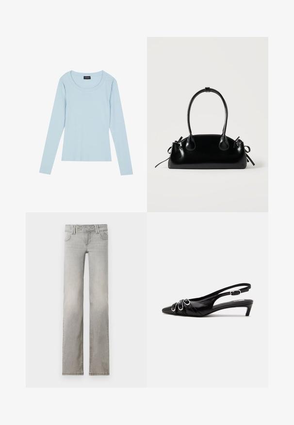 Lyseblå langærmet ribbet top med rund halsudskæring og tætsiddende design. Blød tekstur med et subtilt mønster, der løber lodret.; Lys grå jeans med lige ben-design, lavet af denim. Har to forlommer, en talje med to knapper og synlige syninger.; Sort læder slingback sko med spids tå, tre sølvspænder på forsiden og lav lille hæl på hvid baggrund.; Lille sort blank håndtaske med to lange håndtag og snøre-detaljer i siden på en ensfarvet lys baggrund.